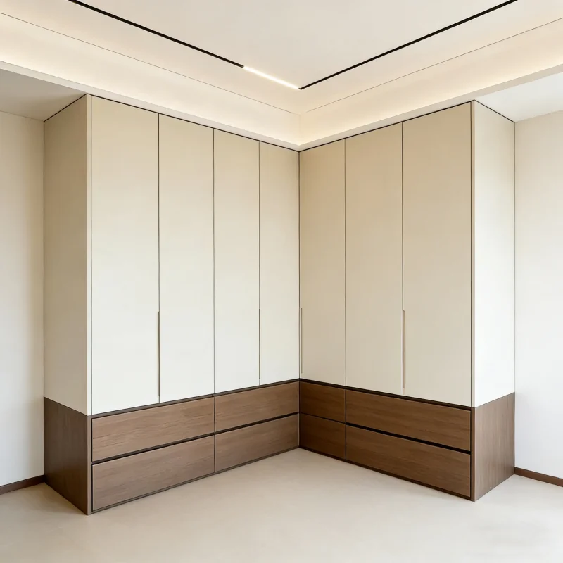 &Professional Custom White Swing Door Wardrobe With Large Drawers in Jumping Wood Color and Exposed Decoration