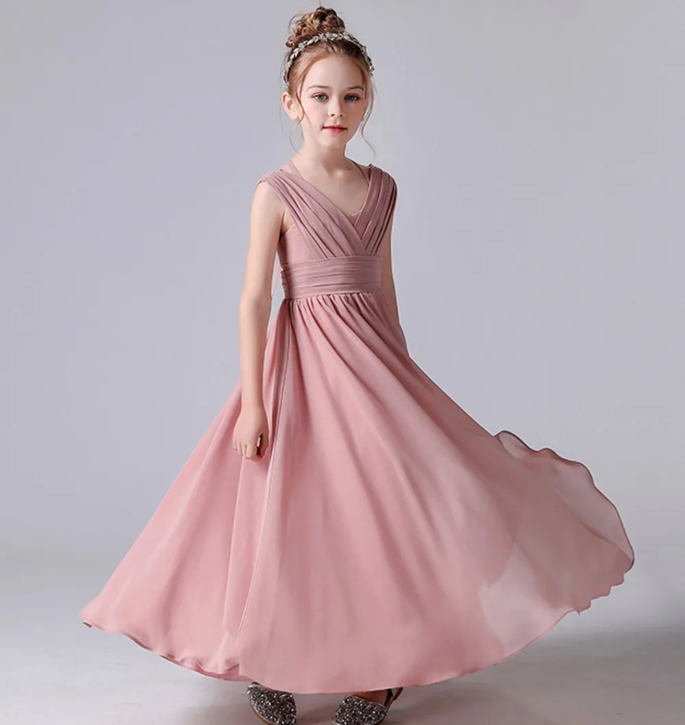 Dideyttawl Real Photo Staubige Rosa Lange Chiffon Junior Brautjungfer Kleid Plissee Blume Mädchen Kleider Kid Formales Geburtstag Party Kleid