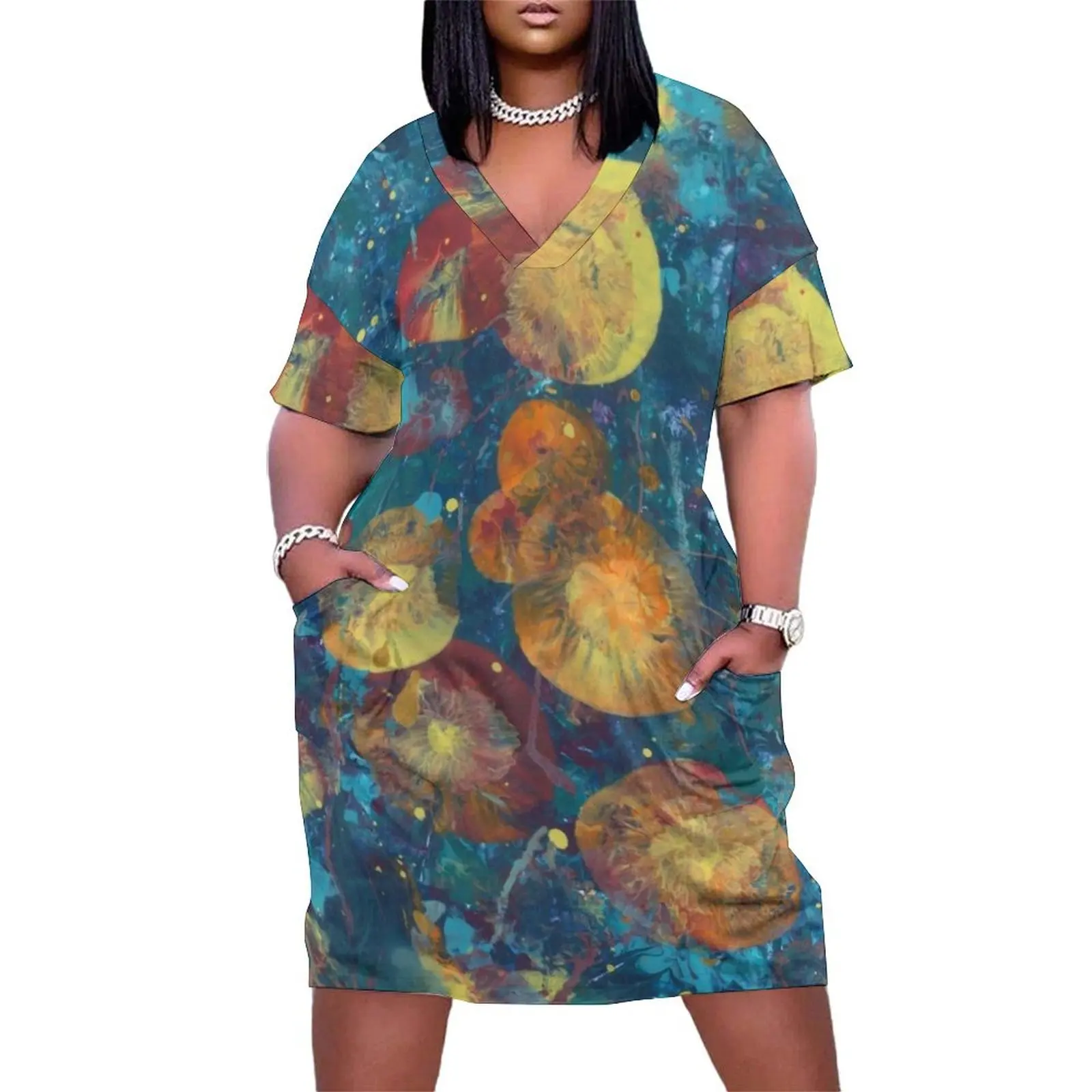 

Yellow Orange Spheres on Steel Teal Loose Pocket Dress Women dresses summer summer dresses ladies 2025 dress