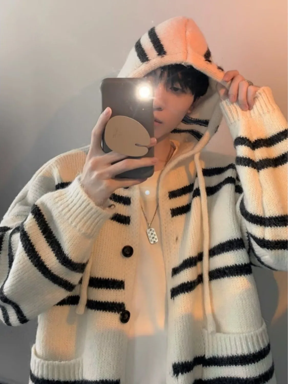 

Retro Striped Men's Knitwear Sweatirt Spring Autumn Hooded Open Cardigan Couple's Loose Fit Soft Polyester Casual Sle