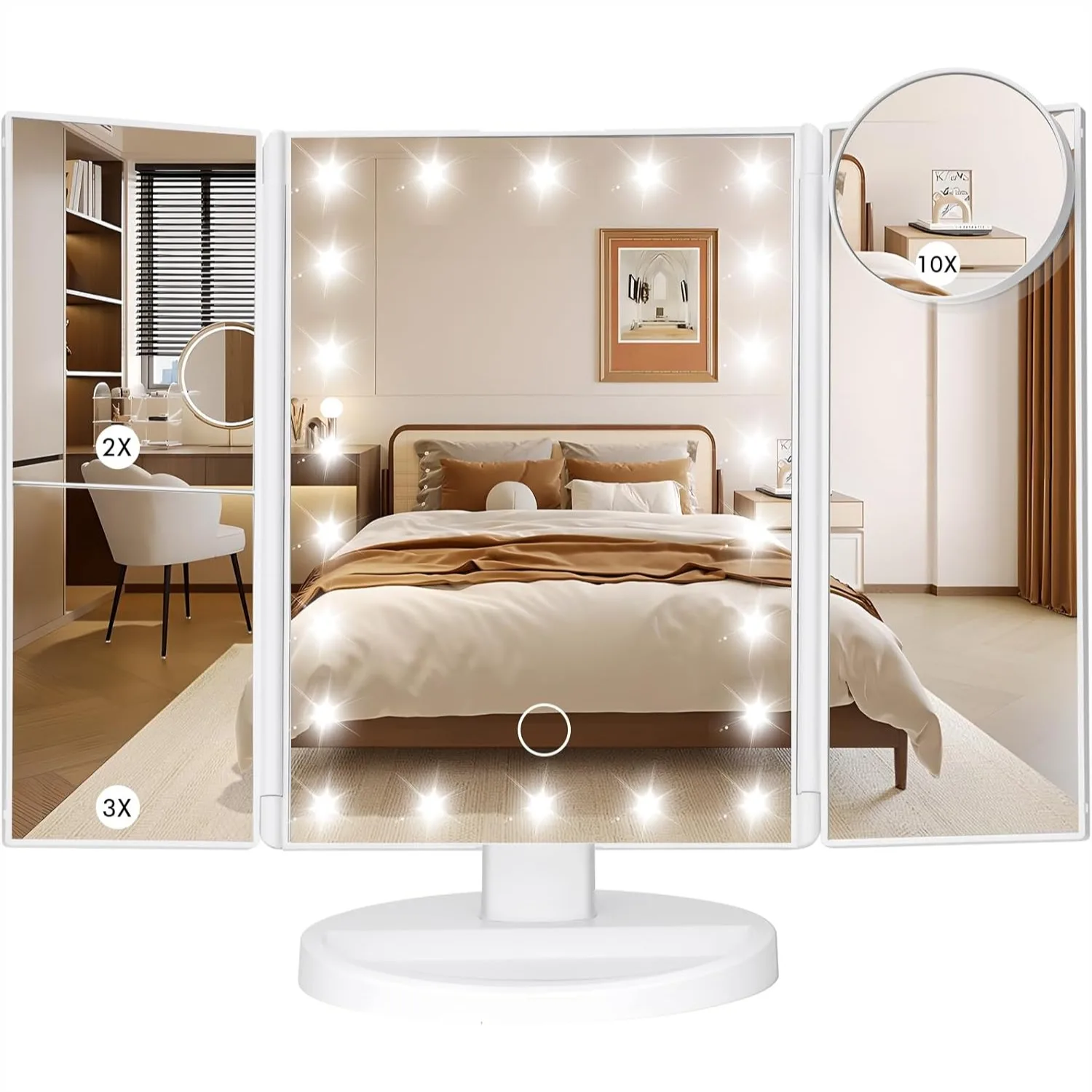 

Lighted Makeup Mirror With 1X 2X 3X 10X Magnification Touch Screen Adjustable Brightness Trifold Vanity Mirror Dual Power Supply For Desk Travel Women Gift White