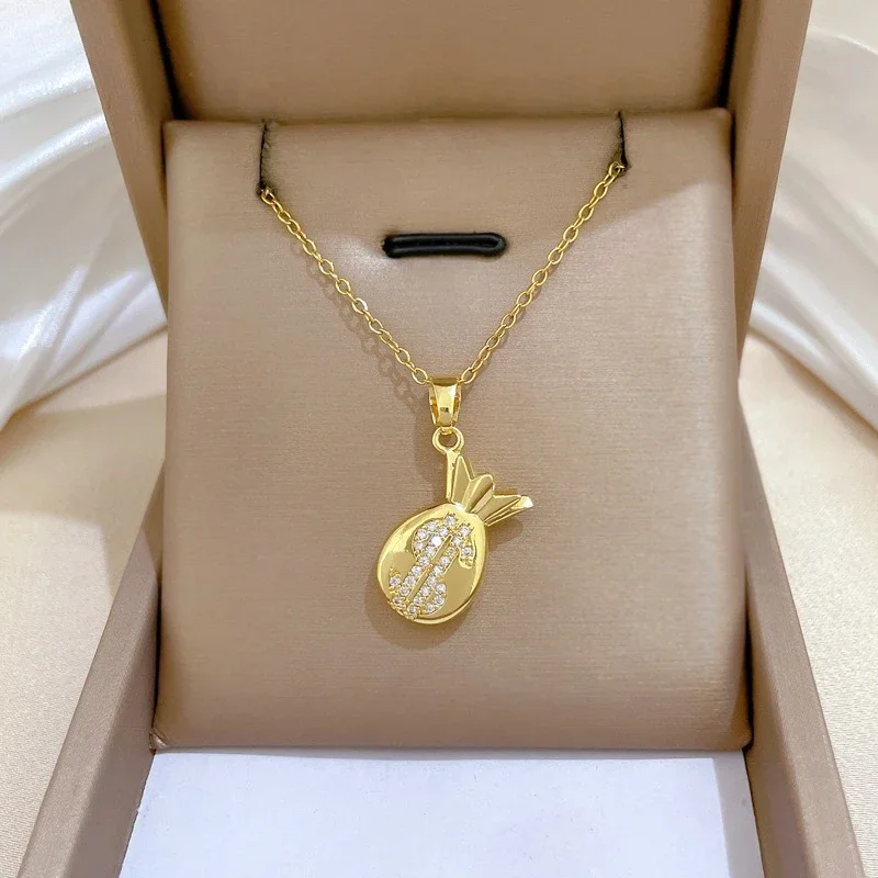 Creative Gold Color Stainless Steel Mini Zircon Money Bag Pendant Necklace for Women Collarbone Chain Jewelry Accessories Gifts