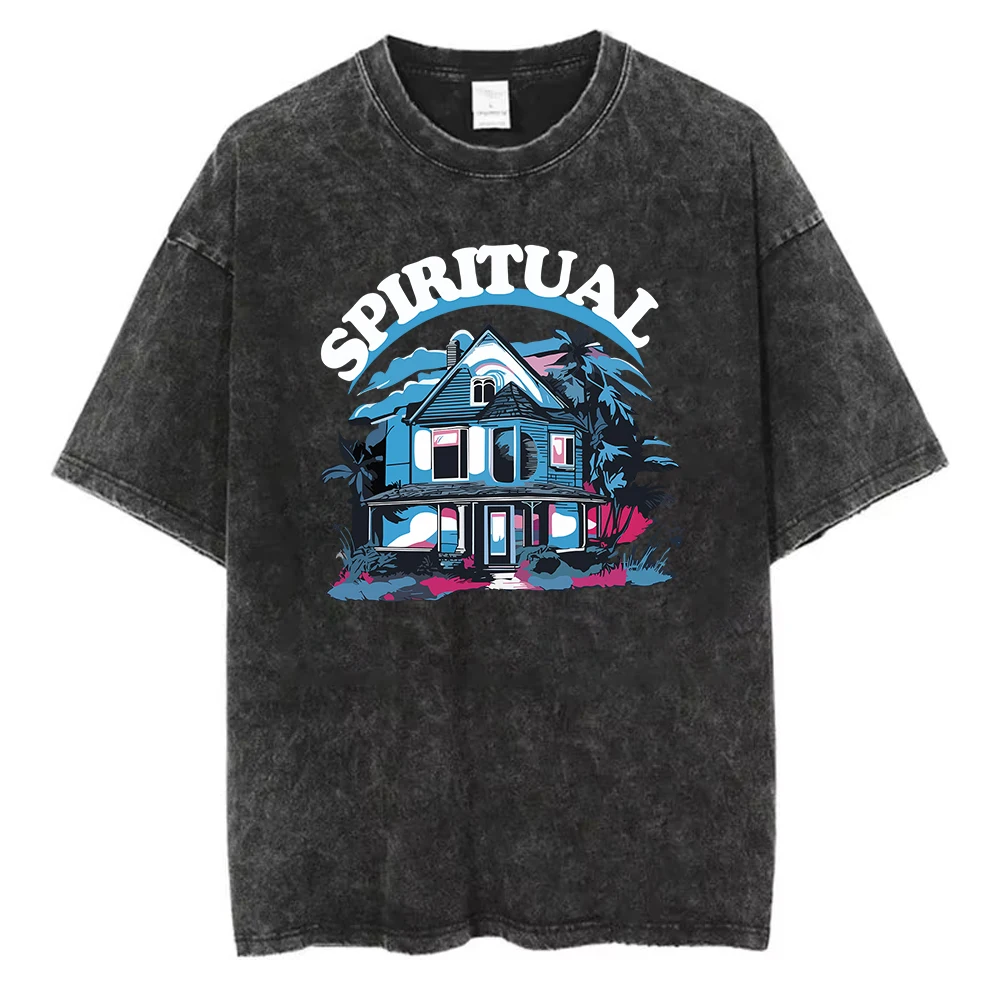 Vintage Womens Acid Wash T-Shirts Here Comes The Sun Printing Tees Crewneck Cotton Oversize Short Sleeve Fashion Female Clothes