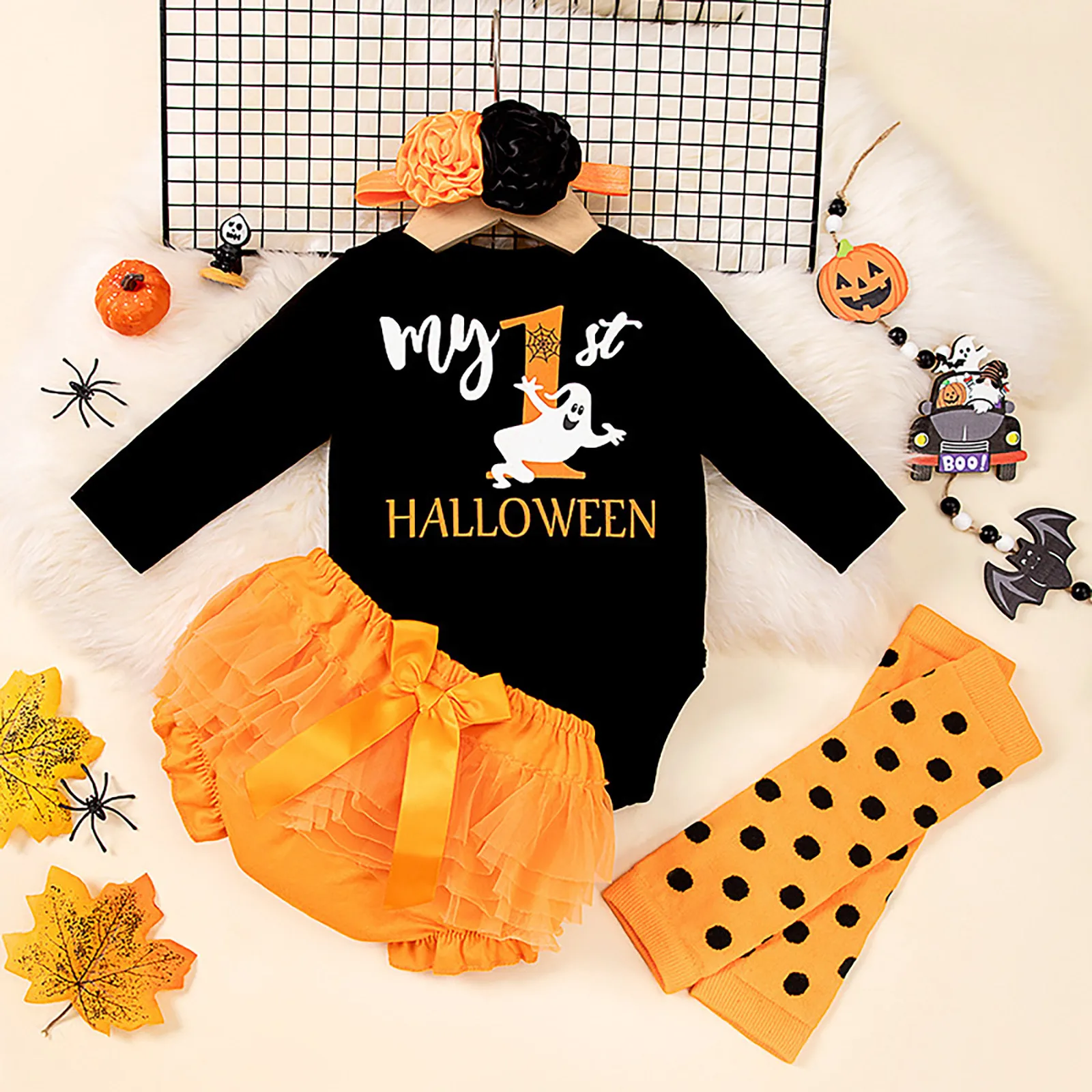 Halloween Clothes Sets 2024 New Autumn And Winter Baby Clothes Long Sleeve Romper Tops+PP Shorts Headband Leg Warmer 4Pcs Sets