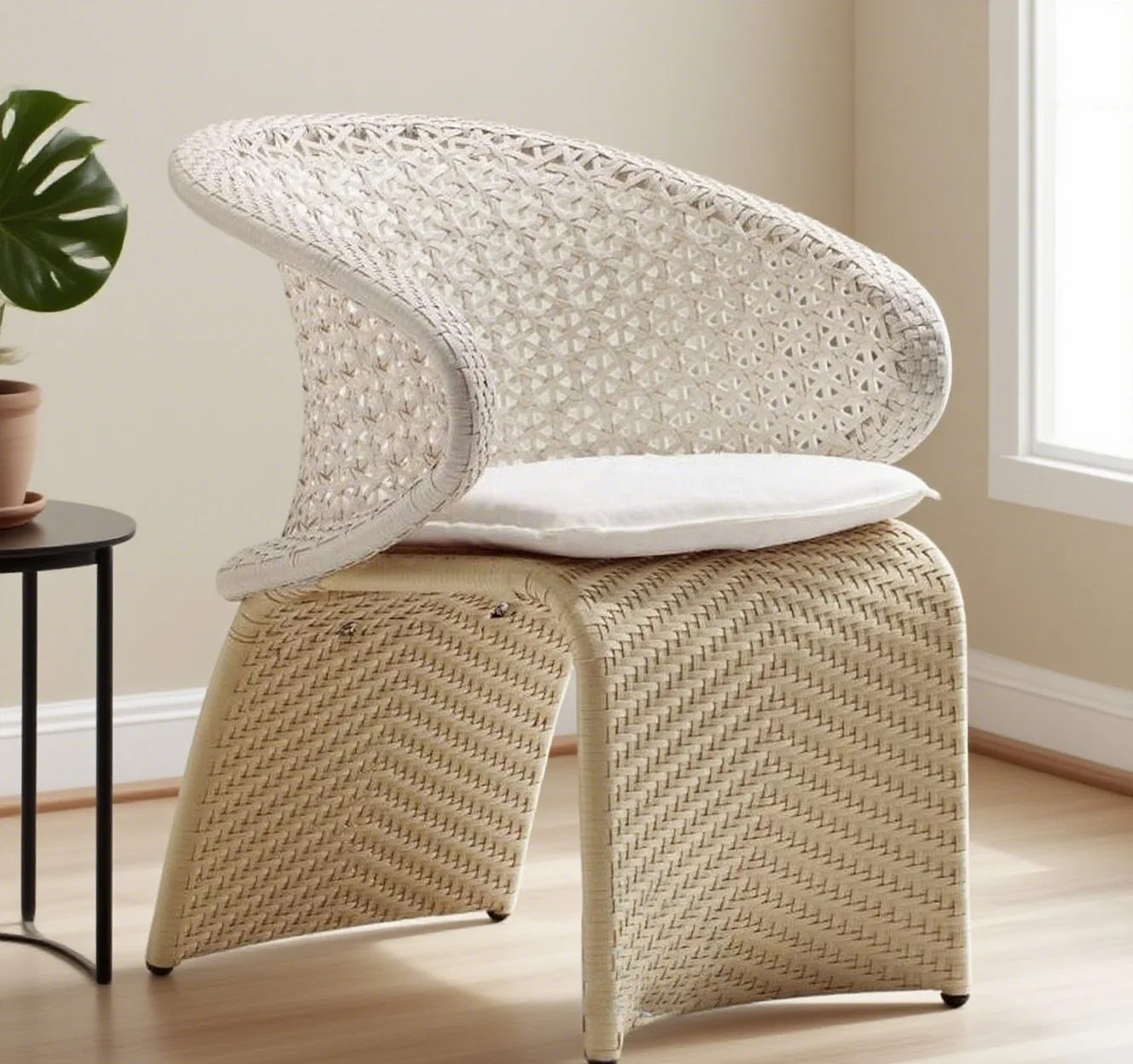 

Modern Woven Rattan Accent Chair, Comfortable Curved Backrest, Stylish Indoor & Outdoor Seating with Cushion for Garden