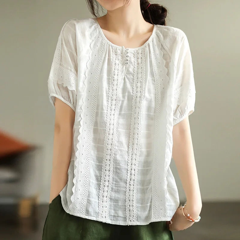 

Japanese Sweet Mori Girl Solid Color Lace Patchwork 100% Cotton Shirt Women Summer O-Neck Short Sleeve Casual Loose Blouse Tops