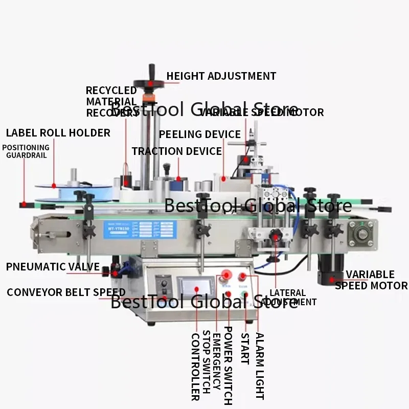 

Полуавтоматическая этикетировочная машина для круглых бутылок с конвейерной лентой и автоматическим датчиком для пластиковых и стеклянных бутылок