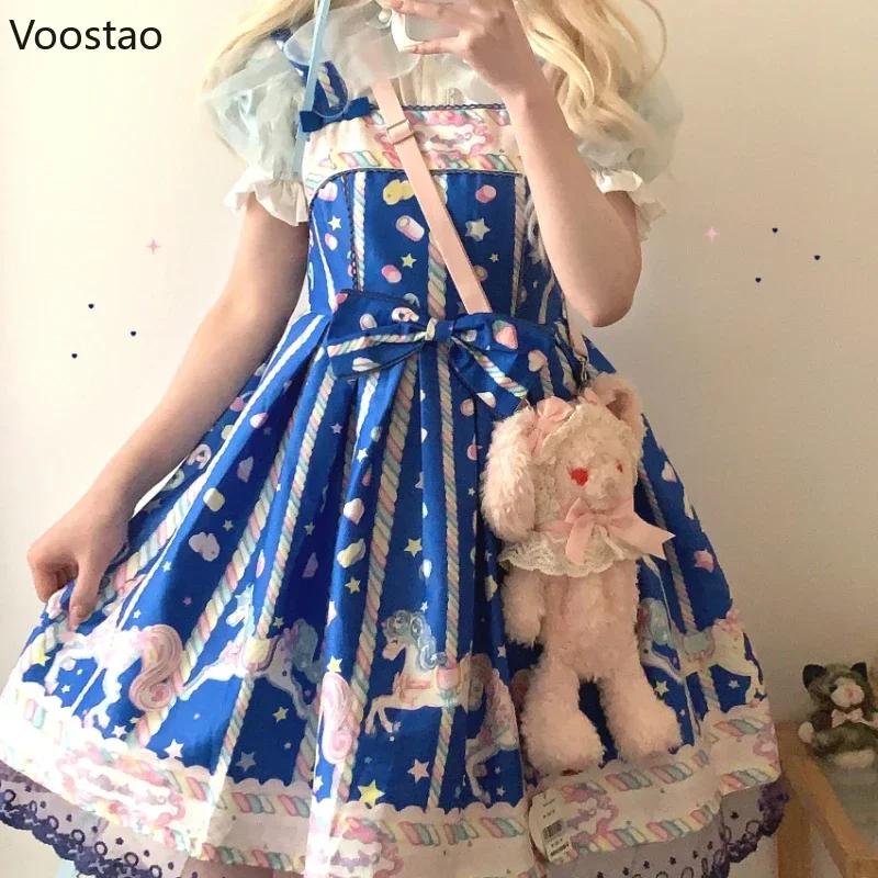 Japanese Sweet Lolita Jsk Dress Women Vintage Cute Sugar Horse Print Bow Party Dresses Girls Kawaii Blue Sleeveless Mini Dress