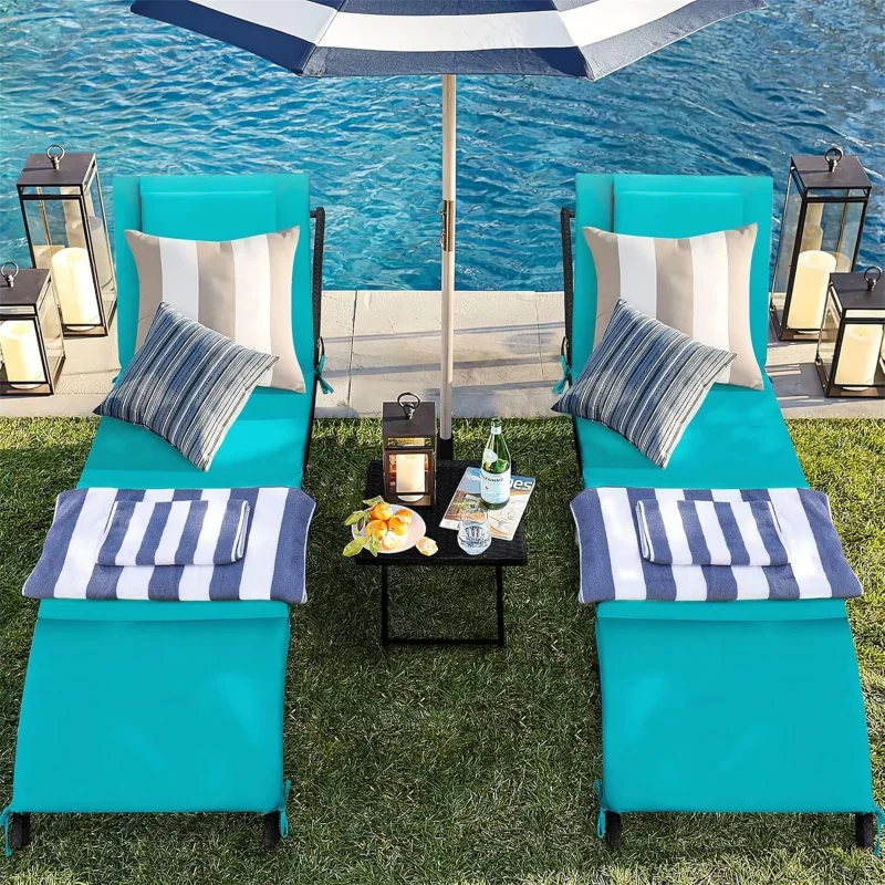 

3-Piece Blue Outdoor Lounge Chairs, Adjustable Patio Wicker Chaise Set of 2 with Table, Folding Lounger Poolside, Deck, Lawn