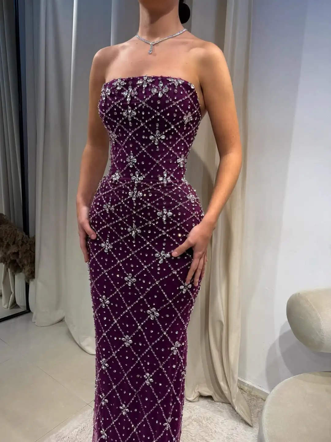 

Luxury Design Mermaid Strapless Diamond Pattern Rhinestone Detail Mesh Shawl Beading Charming Evening Prom Formal Party Dress