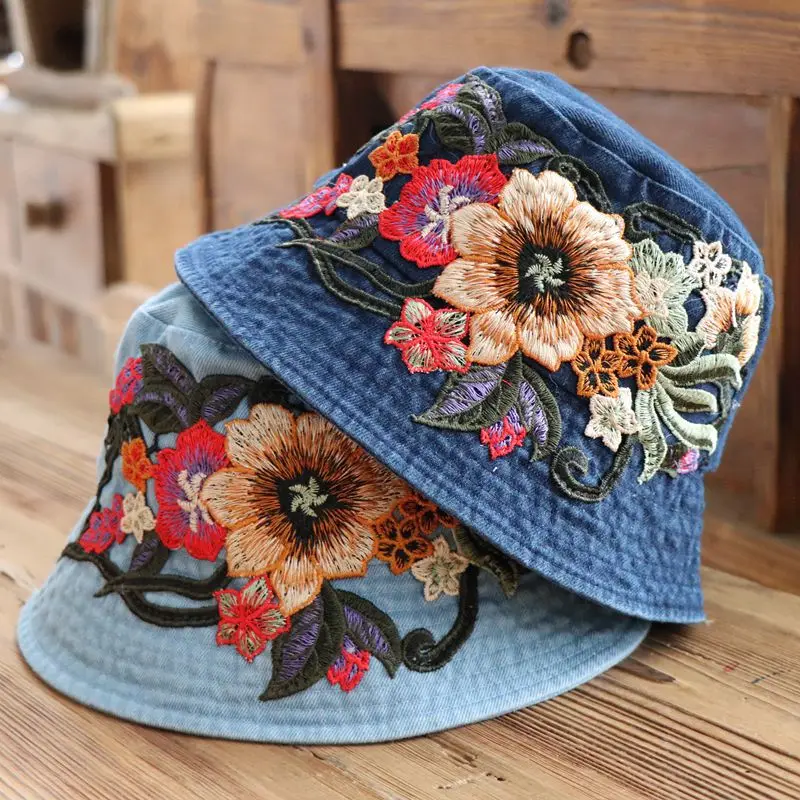 

Chinese Embroidery Flower Bucket Hat Women Original Design Summer Denim Cotton Embroidered Sun Visor Sombreros De Mujer Chapeau