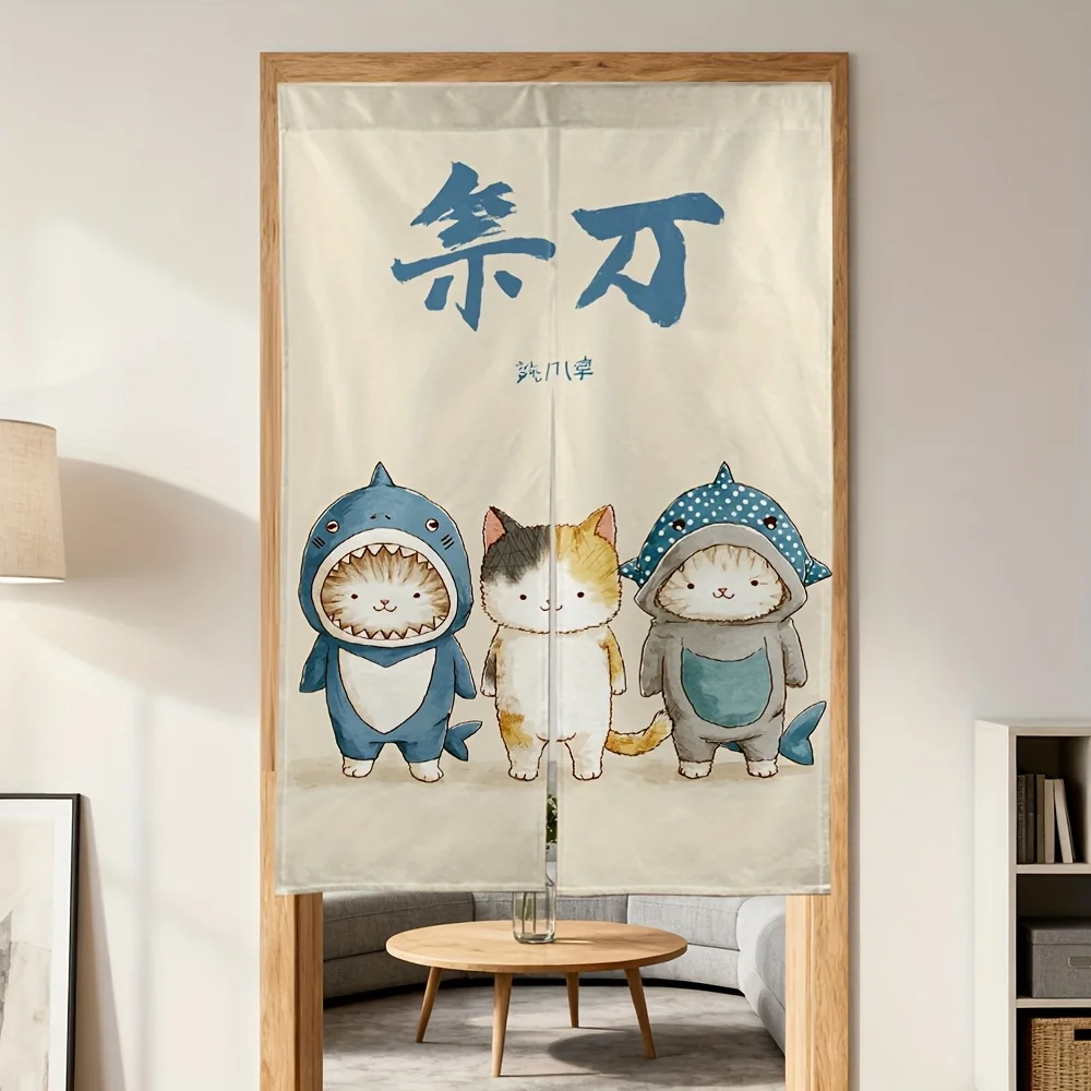 Cute Shark Cat Noren Curtain, Japanese Style Cartoon Cat in Shark Costume Print, Fun Kawaii Home Decor Door Partition