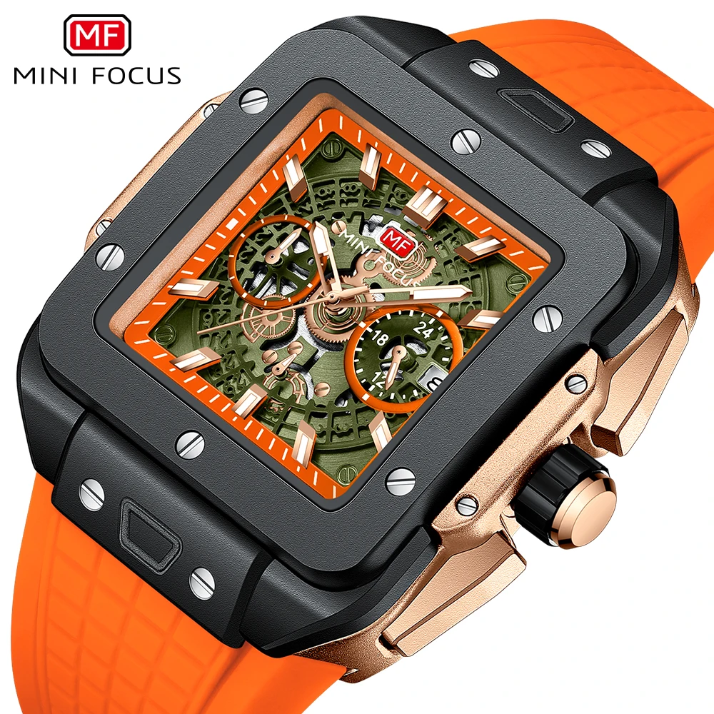 2024 New Square Watch Men Fashion Sport Orange Silicone Type Quartz Wristwatch Leisure Waterproof Chronograph Relogio Masculino