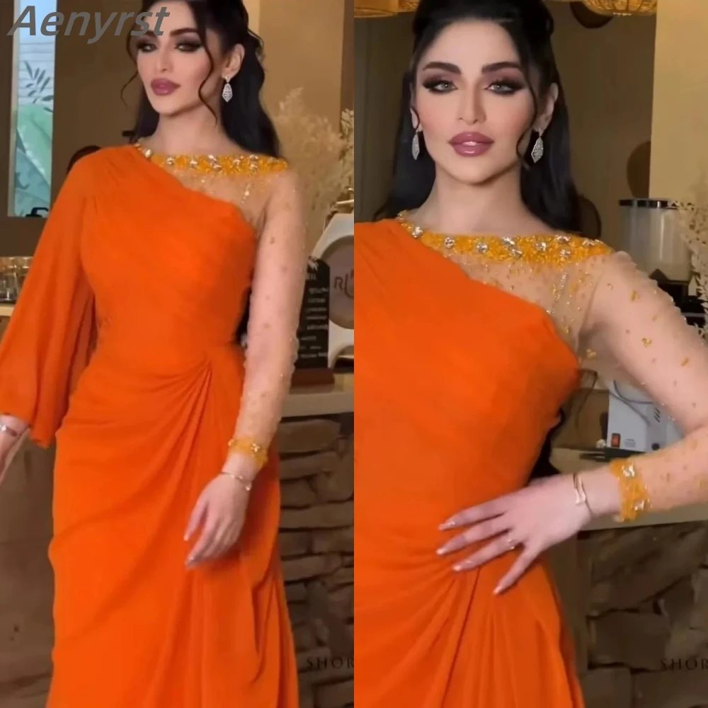 Saudi Arabia Women\'s Prom Dress Orange Beads One-Shoulder Evening Dresses Tulle Sleeve Illusion Ankle-length Formal Party Gowns