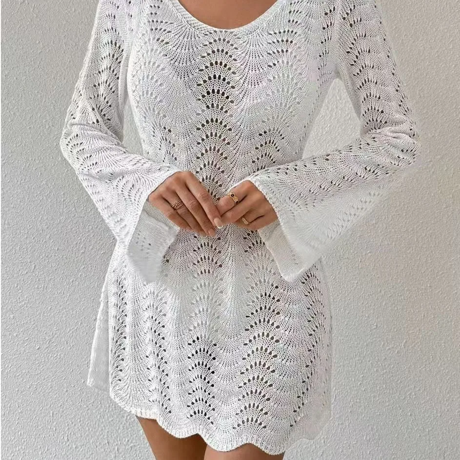 

Women's White Long-Sleeve Dress with Bell Sleeves, Round Neck, Lace-Up Mini Skirt, Sheer Summer Beach Cover-Up Party Dress