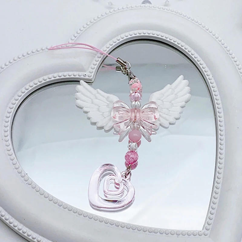 Liebliche Flügel-Schleife-Herz-Handyband-Telefonanhänger-Kette für Mädchen und Frauen, Modischer Süßer Schlüsselanhänger, Taschen-Dekorationszubehör, Geschenke – Detail 2
