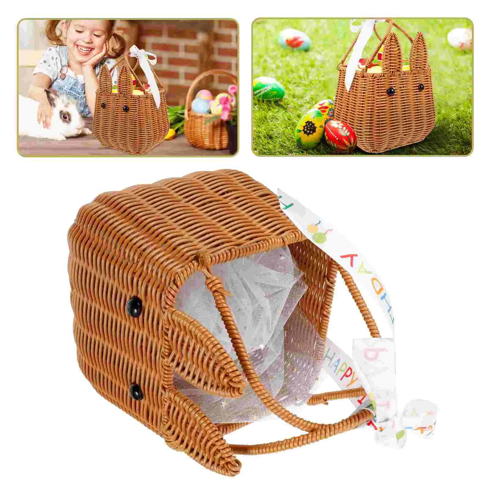 

Easter Egg Basket Gift Handheld Decorative Flower Woven Baskets Storage Picnic with Handle Ribbon Baby