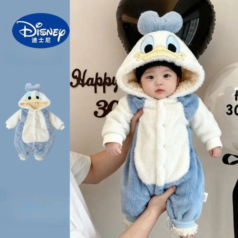 

Детский зимний теплый комбинезон Disney 2025, флисовый комбинезон с капюшоном и открытой уткой, унисекс с рисунком