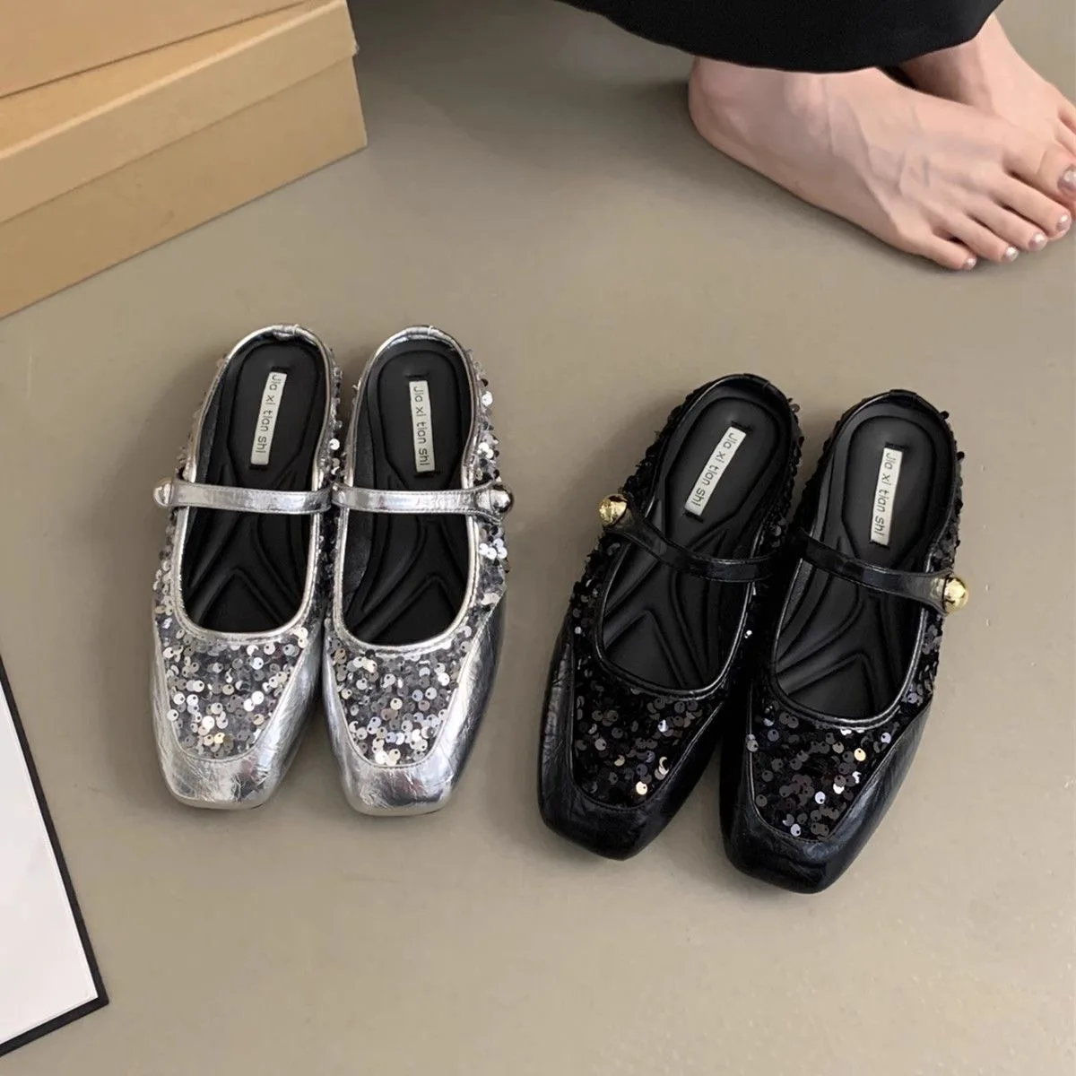 Flat Silver Sequin Half Slipper Women\'s Shoes Over The 2024 Spring/summer Style French Half Shoe Slippers  Women Shoes