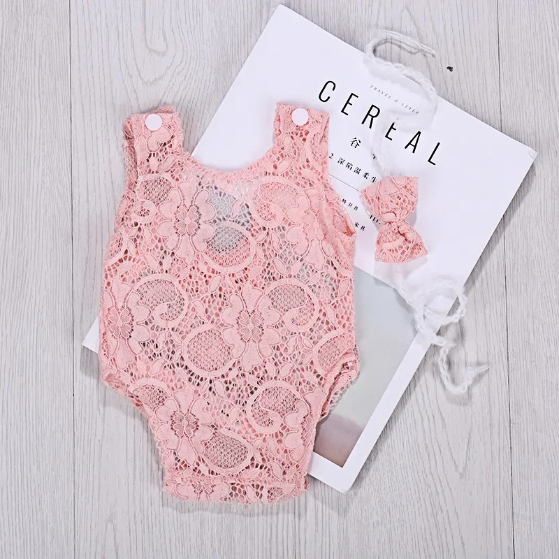 Newborn Photo Props Clothes Lace Hollowed Cute Bow Photographic Decoration Children\'s Jumpsuit