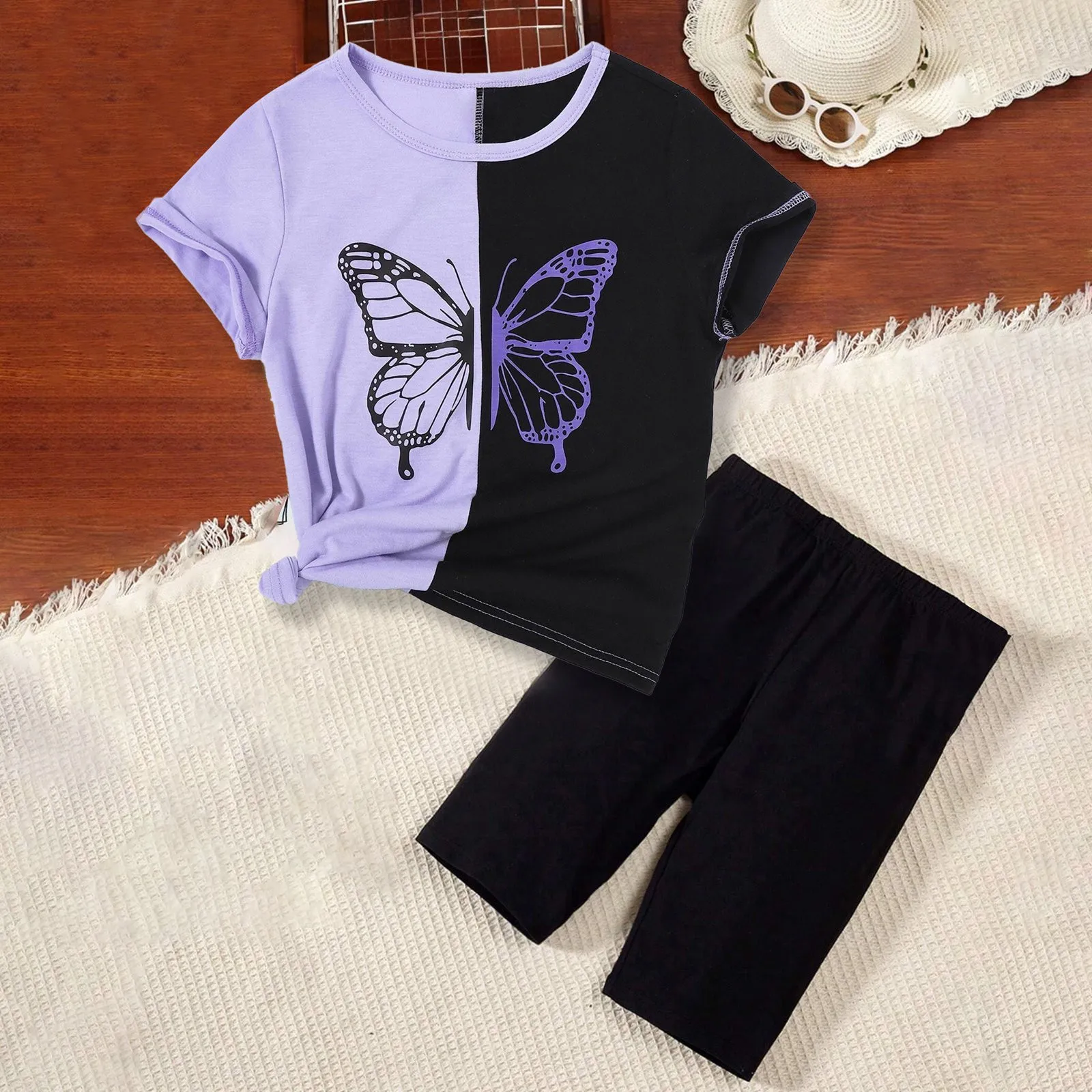 Kids Girls Color Clash Tshirt Shorts Sets Cartoon Butterfly Print Tshirt Shorts Casual Summer Sportwear 2 Piece Set Tracksuit 7t