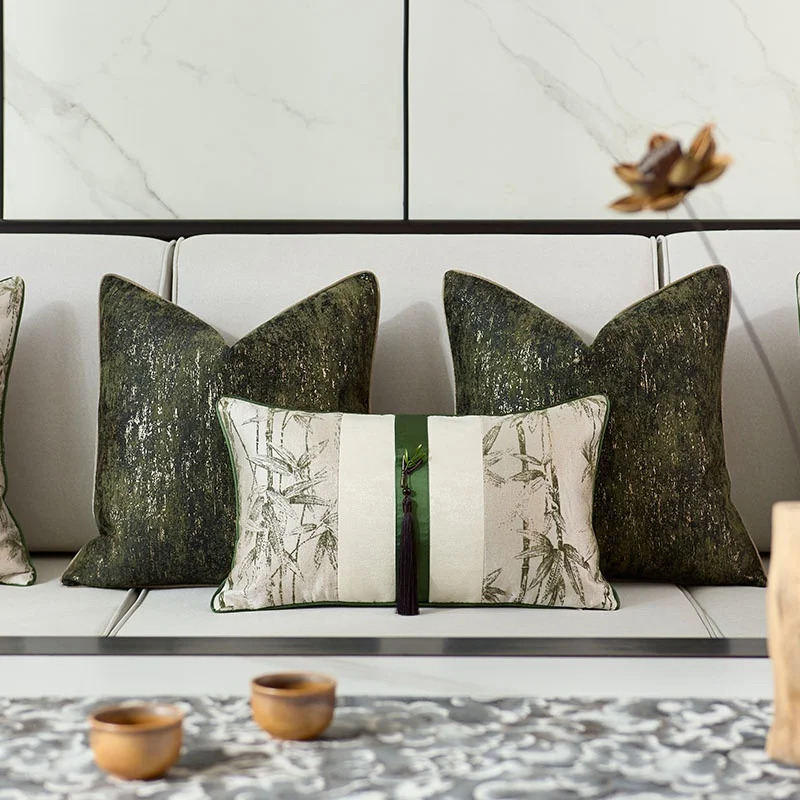 

deep greenand beige jacquard pillowcase bamboo leaf patterns cushion cover living room sofa silk satin pillow cover backrest