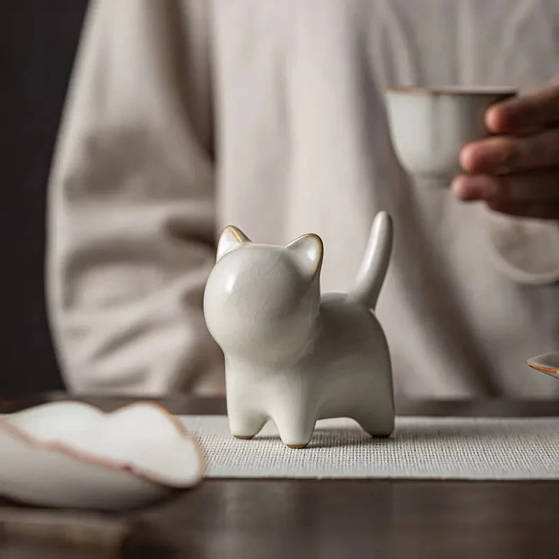 

Creative Cat Cream Ru Kiln Ceramic Tea Pet Cute Cat Tea Play Ornaments Can Raise Chinese Art Pen Holder Teapot Lid Stand Tea Set