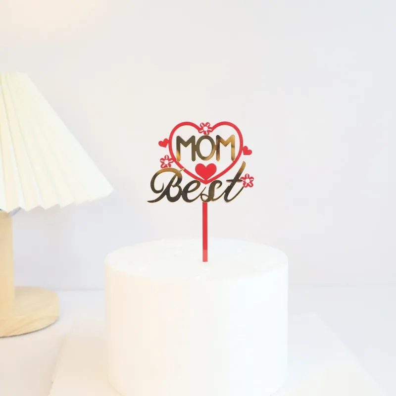 Best Mom Mother\'s Day Party Cake Topper Pink Red Love You Mum Acrylic Cake Topper for Mommy Birthday Party Cake Decorations Gift