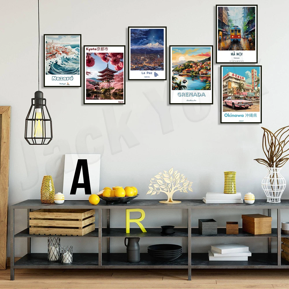 أوكيناوا اليابان، ساحل أمالفي، جزيرة كابري، هانوي فيتنام، البرتغال، أشجار زهر الكرز كيوتو، تكساس، ملصق السفر الكاريبي