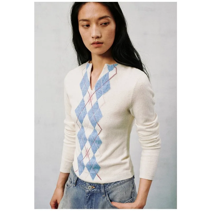 

Пуловер с длинными рукавами контрастного цвета, модный повседневный свитер в ромбовидной клетку в стиле ретро, маленький свитер с v-образным вырезом, топ