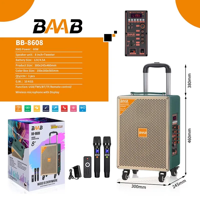 BAAB-8608 8-inch Handle Portable Subwoofer For Bluetooth HIFI Waterproof Active Outdoor Square Dance Card Insert Karaoke