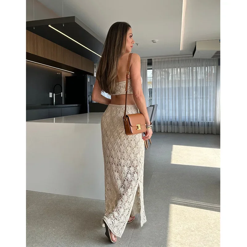 2025年 ニットワンピース サマービーチウェア セクシー シースルー ビキニ カバーアップ ビーチ ボディコン マキシワンピース メッシュ ホルターネック サンドレス