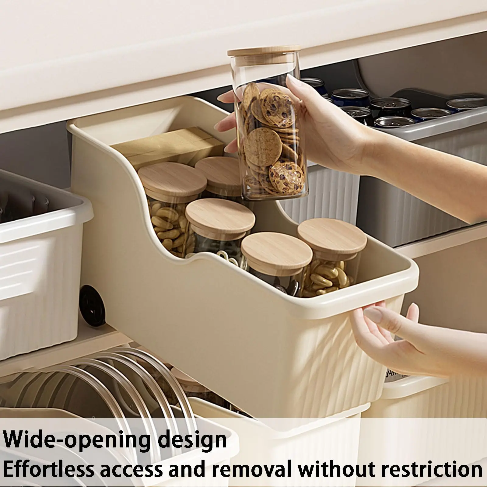Rolling Kitchen Cart Island Trolley PP Plastic Pull-Out Storage Bin with Wheels 3 Pack Beige image 4