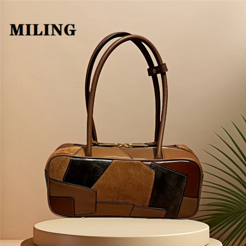 

Women Patchwork Bowling Bag Retro Style Single Shoulder Bag Female British College Style Underarm Bag Leather Top-handle Handbag