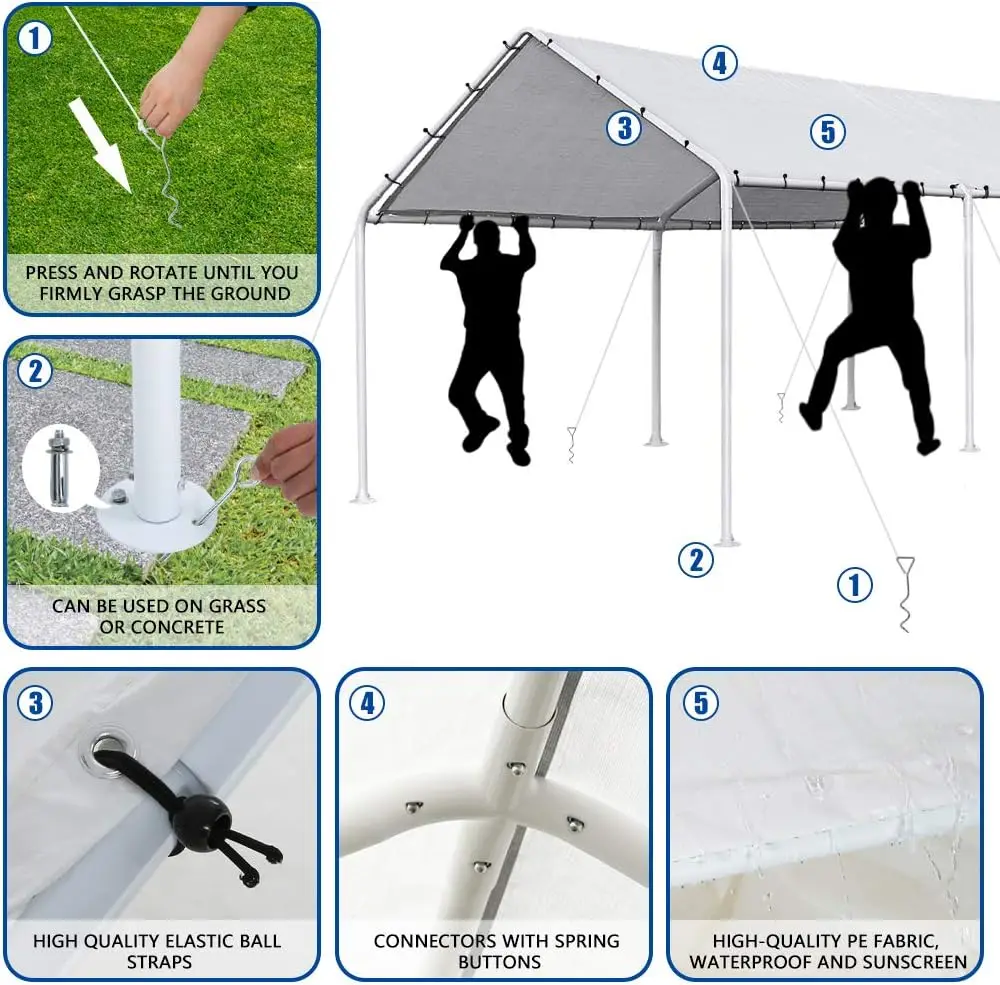 خيمة مظلة مقاومة للماء من Carport المجلفن شديدة التحمل مقاس 10 × 20 بوصة مع مجموعة مرساة، تصميم مفتوح الجوانب للسيارات والاستخدام الخارجي