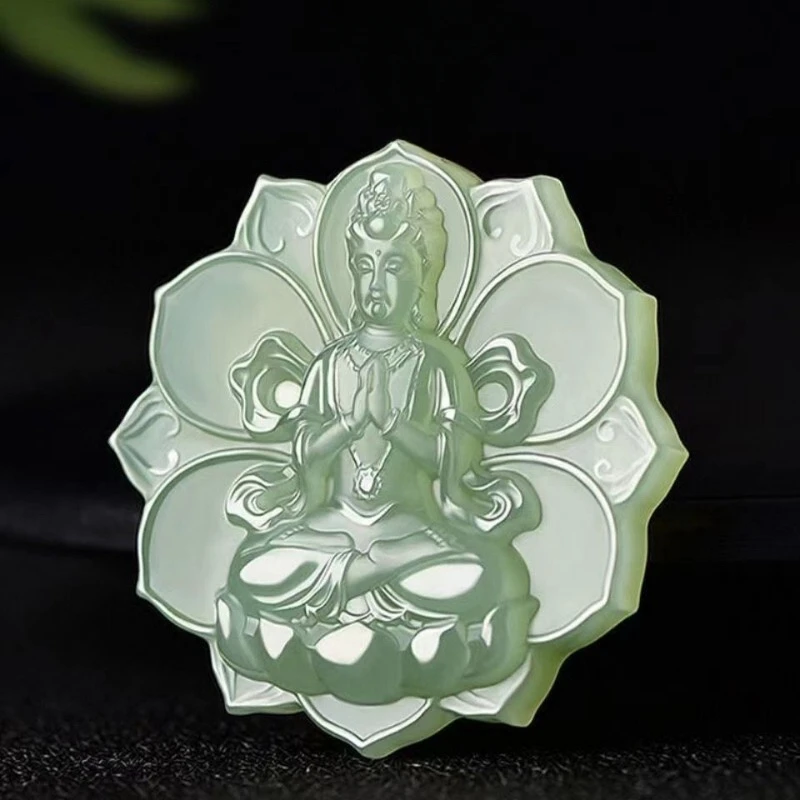 Ondiepe Blauwe Jade Lotus Guanyin Hanger Mannelijke En Vrouwelijke Guanyin Jade Hanger