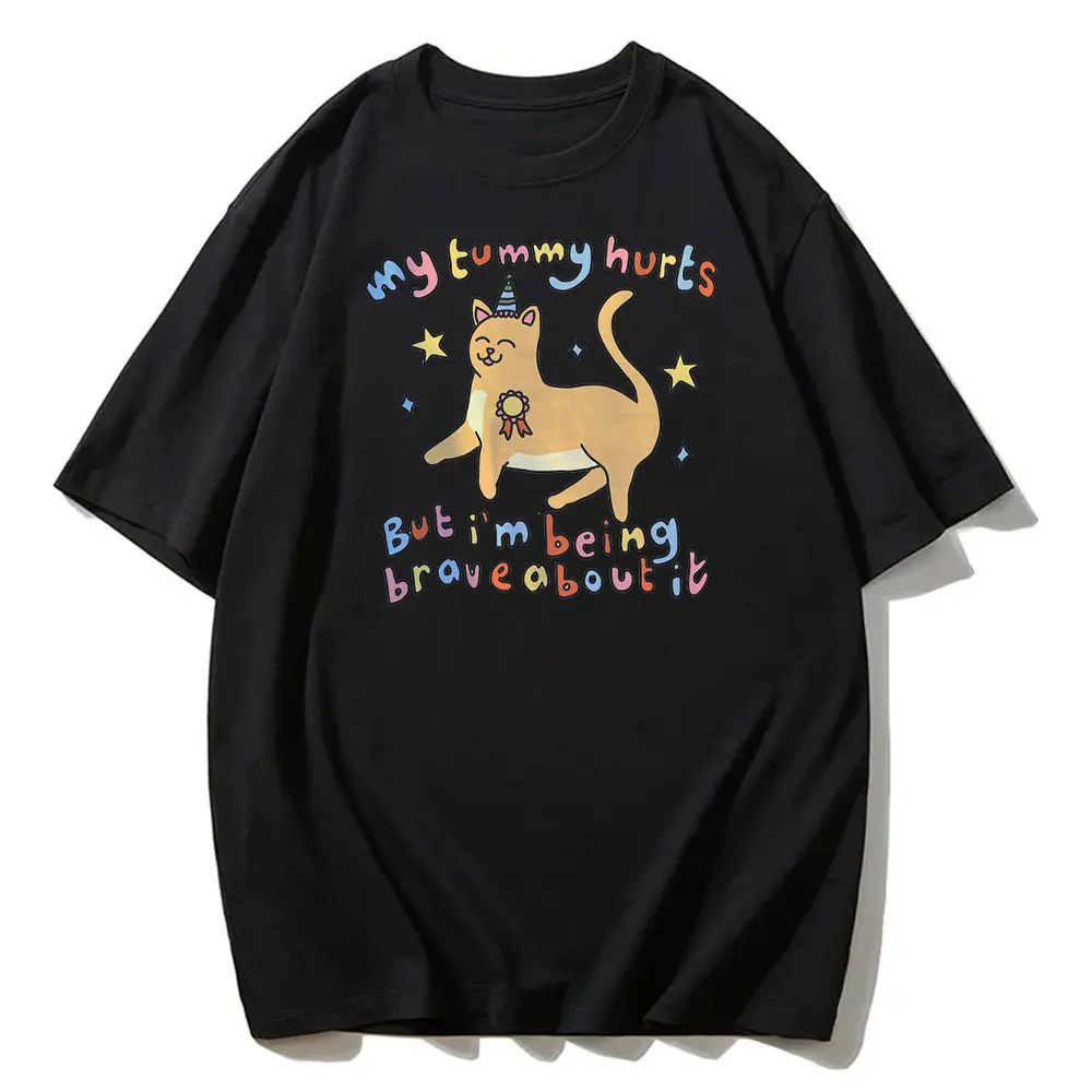 Summer Funny Cat Graphic Tee My Tummy Hurts Cat T Shirt Crying Cat Kidcore Unisex Positive Quote Cotton TShirts 90s Graphic Tee