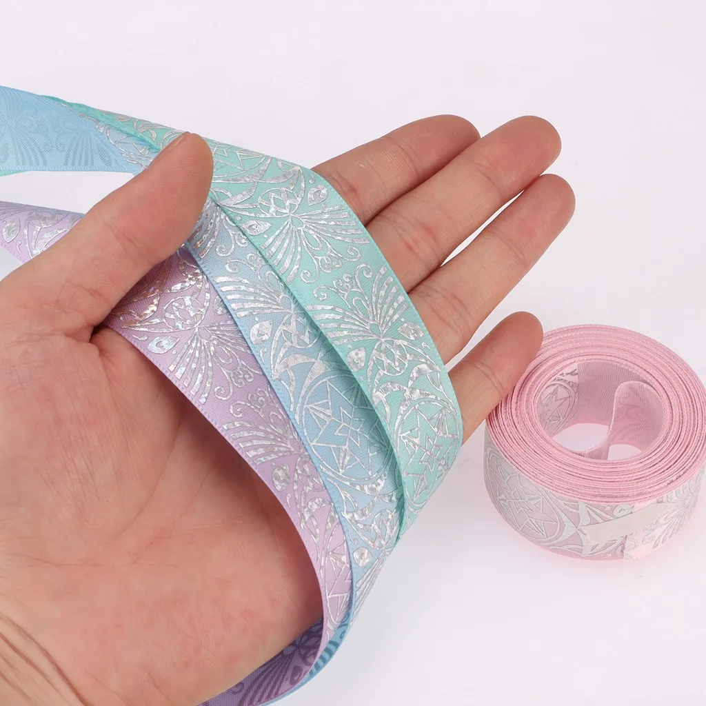 Polyester Satin Ribbon Fine Textured Decorative Ribbon Silver Printed Ribbon Colorful For Holiday Decorations Crafting Gift
