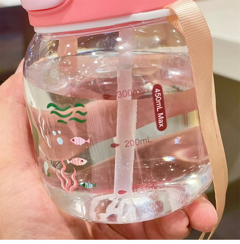 Suction Tube Cup Cute Cartoon Kindergarten Scale Small Water Cup Primary School Students School Special Plastic Water Bottle