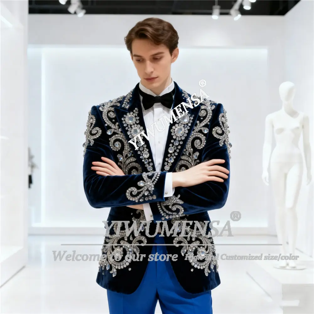 

Diamond Crystals Suits Men For Wedding 2 Piece Beaded Velvet Prom Blazers Customized Groom Tuxedos Terno Masculinos Completo