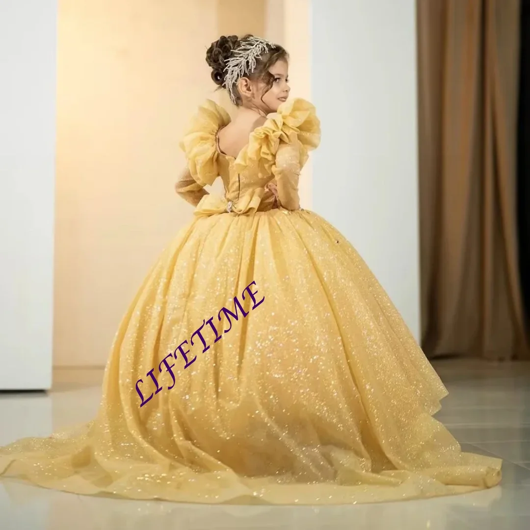 

Сверкающее желтое платье принцессы трапециевидной формы с длинными рукавами и индивидуальным поясом трапециевидной формы длиной до пола, платье с цветочным узором для девочек, пояс для первого причастия