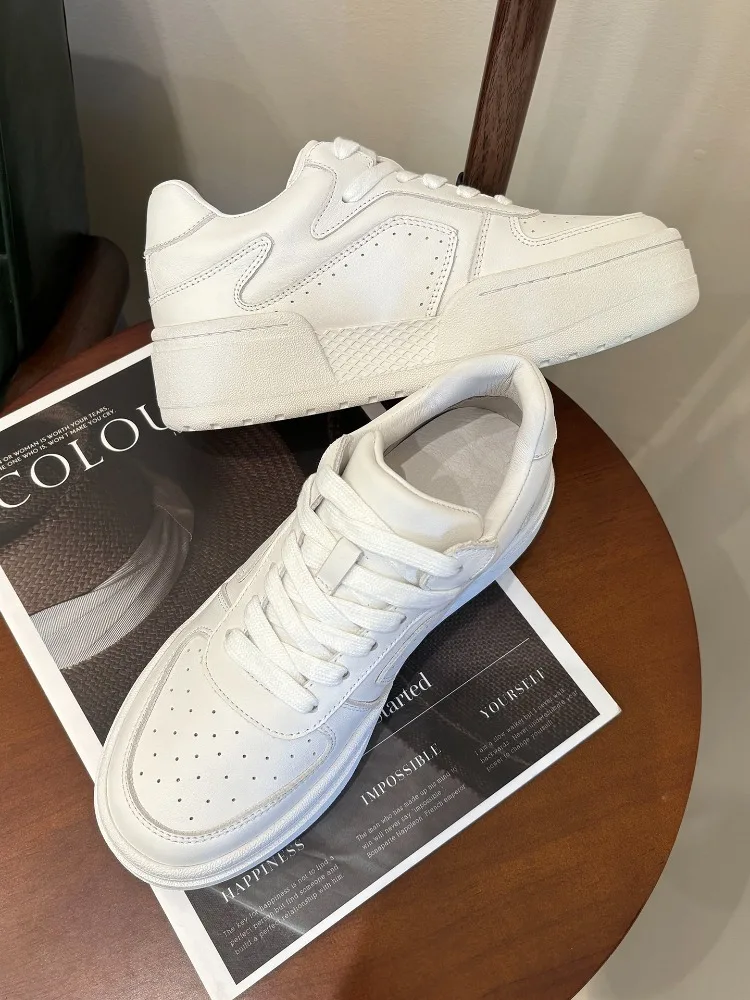 5CM Thick-sole White Shoes Genuine Leather Lace-up Women Sneakers Height Increasing Sports Casual Hiking Skate Shoes