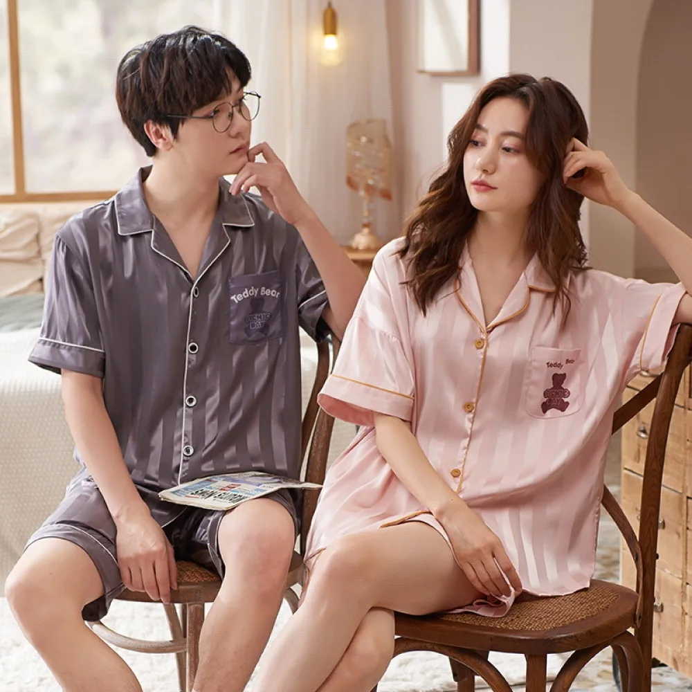 

Couple Pajamas Sets Silk Satin Pyjamas Short Sleeved Men and Women Sleepwear Striped Pijamas Casual Lover Homewear Lougewear