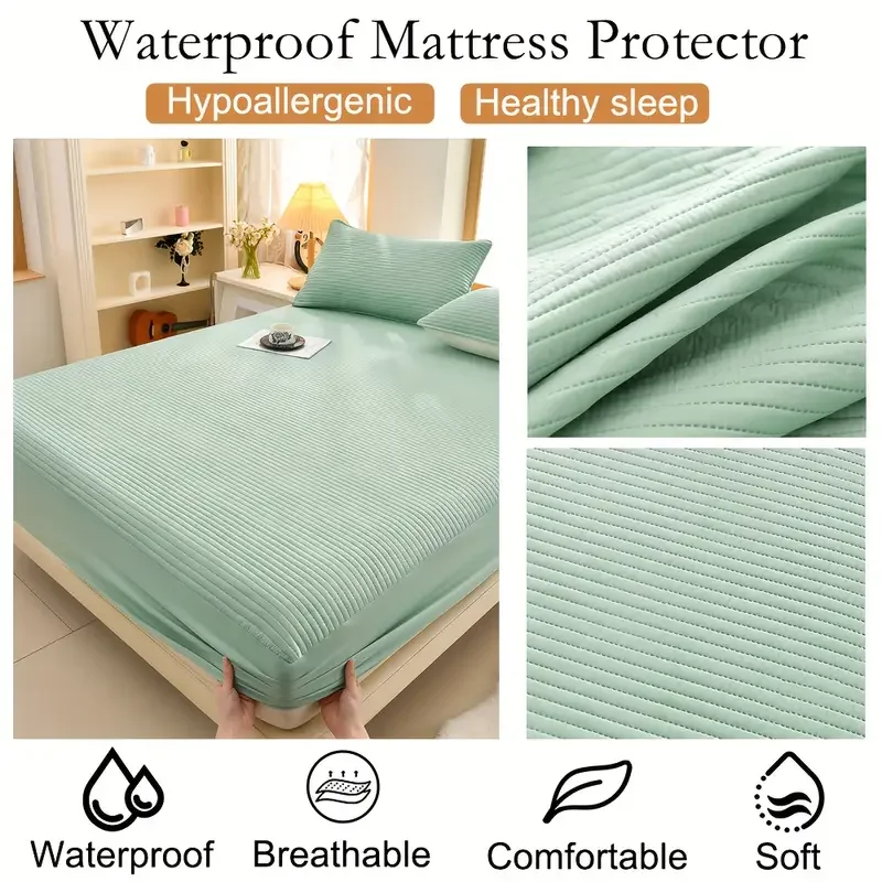 1pc Soft and Comfortable Waterproof Mattress Cover 3-Layered Mattress Protector, Solid Color Bedding Fitted Sheet