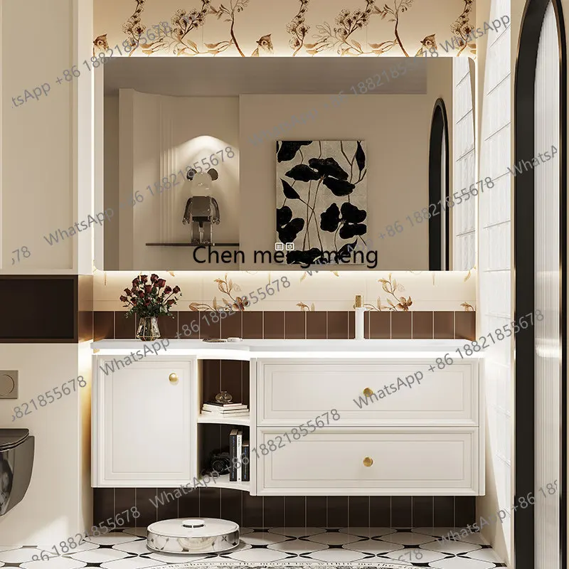 Oak French retro bathroom cabinet combination washbasin cabinet special-shaped corner cutting customization