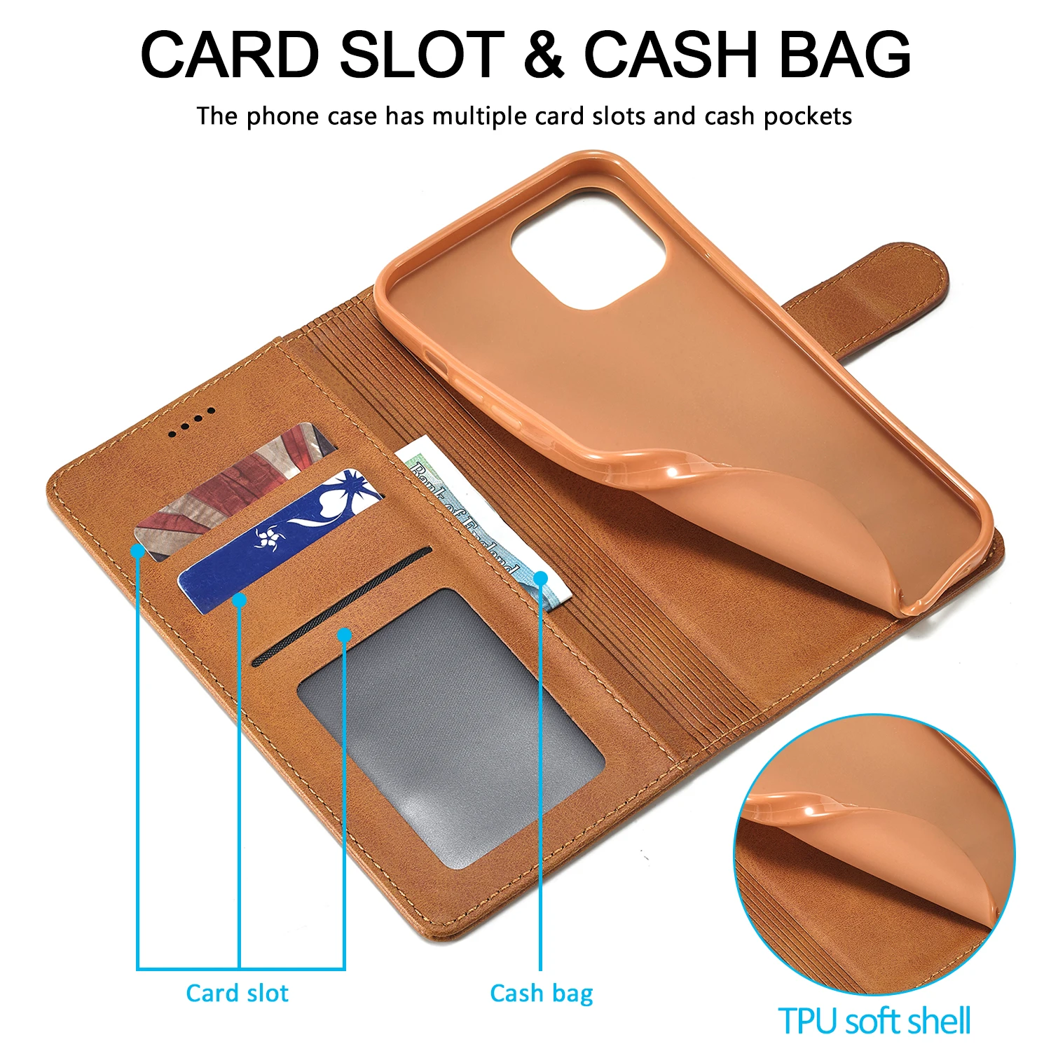 Flip-Leder-Brieftaschenhülle für iPhone 18 17 16 15 14 13 12 11 Pro Max 17E XS XR Air 8 7 Plus mit Visitenkartenfach, Handyhülle – Detail 7