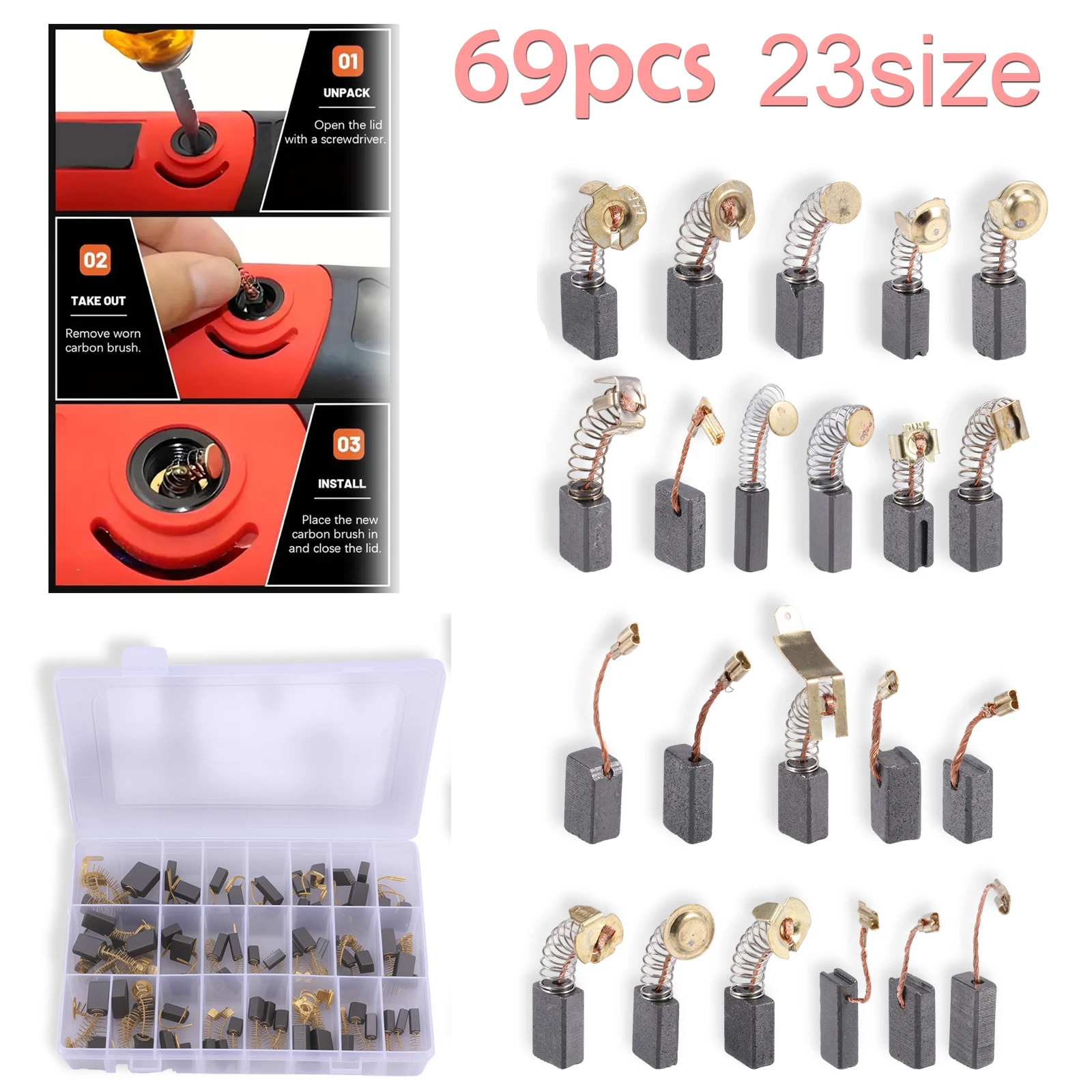 

69 шт., угольные щетки для двигателя, 23 разных размеров, электроинструмент, угольные щетки, замена угловой шлифовальной машины, ударная дрель, электроинструменты