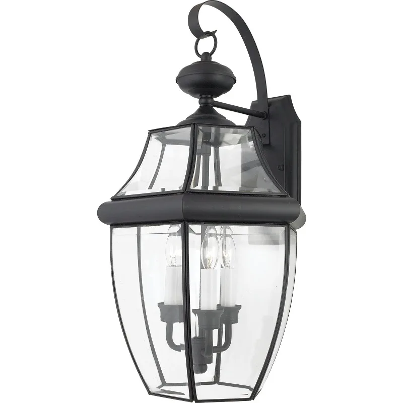 23 Inch 3-Light Mystic Black Wall Sconce, French Country Exterior Wall Lantern Fixture, E12 Base, Clear Glass