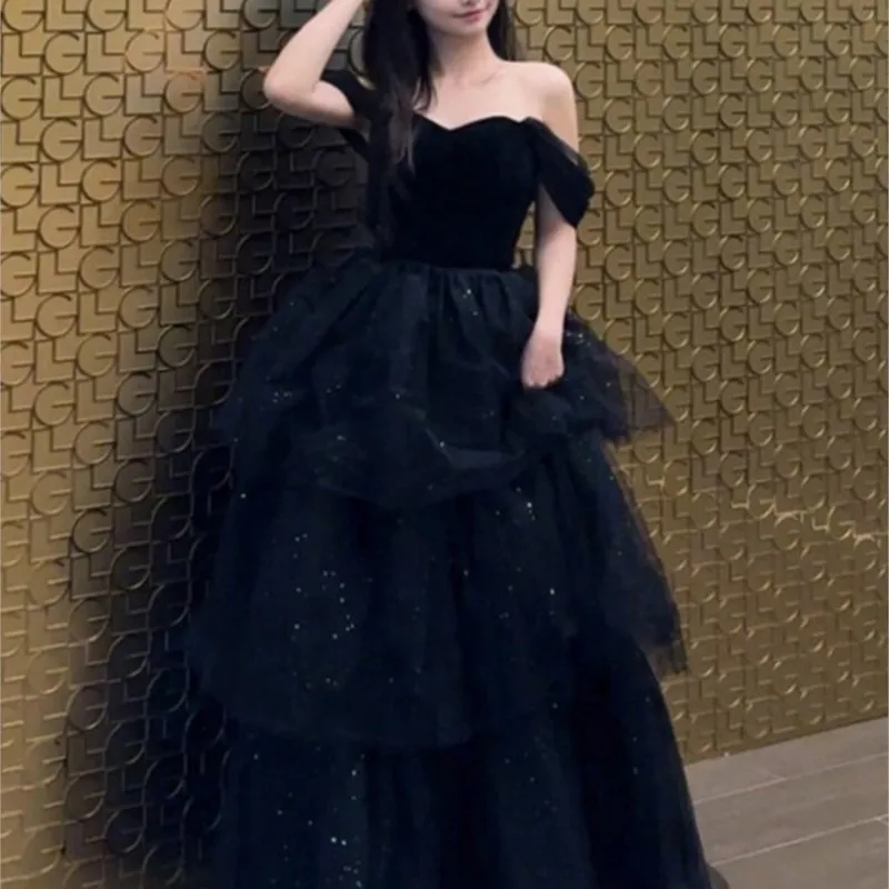 off-Shoulder Black Dress Elegant  Adult Ceremony Student Piano Performance Art Exam Costume