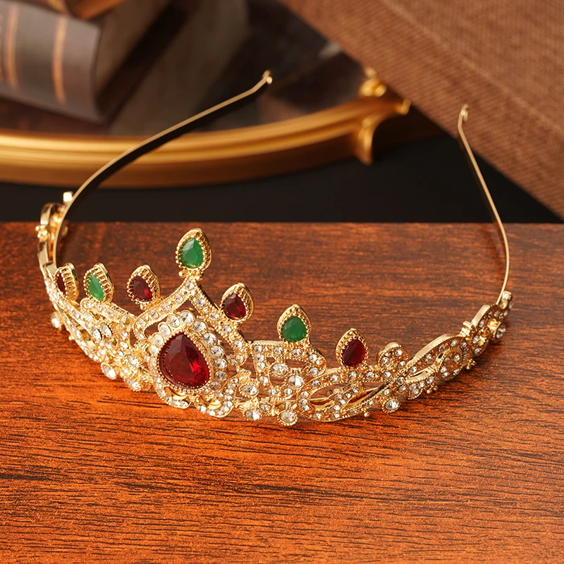 Arabische Vrouwen Huwelijksgeschenken Water Druppels Green Red Crystal Haar Sieraden Bridal Crown Marokko Mode Goud Kleur Bridal Tiara